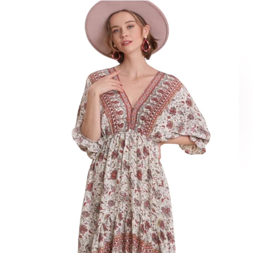 UMGEE | Cream Paisley Gathered-Waist Hi-Low Dress Size Large EUC - Picture 1 of 8